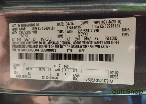 2017 Ford Escape Se из США, поврежденный, VIN 1FMCU0GD6HUA08663